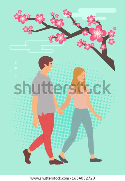 Sakura Blossom Teenagers Holding Hands Cartoon Stock Vector Royalty Free