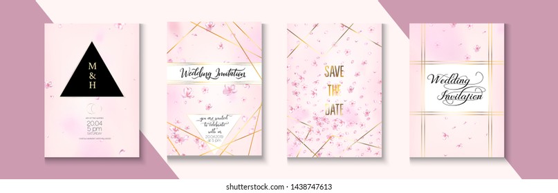 Sakura Blossom Tender Wedding Invitation Set. Vector Trendy Music Party Poster Collection. Polygon Business Nature Template. Elegant Cherry Healthcare Frame Design. Blossom Wedding Invitation