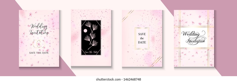 Sakura Blossom Tender Wedding Invitation Set. Polygon Simple Nature Template. Elegant Cherry Healthcare Frame Design. Vector Trendy Gift Card Frame Collection. Blossom Wedding Invitation