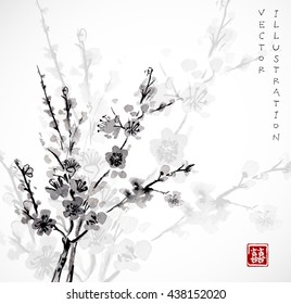 Sakura in blossom. Traditional Japanese ink painting sumi-e. Contains hieroglyph - double luck.