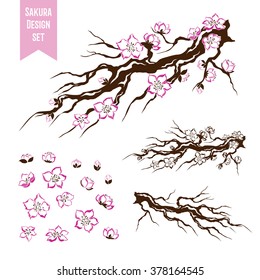 Sakura. Blossoming cherry tree branch. Stencil style. Graphic vector decorative elements.