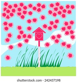 sakura blossoming and mail box is pink heart shape