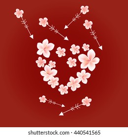 Sakura blossoms background. Cherry flower Heart and arrows on red color. Vector