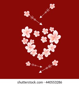 Sakura blossoms background. Cherry flower Heart and arrows on red color. Vector