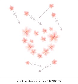 Sakura blossoms background. Cherry flower Heart and arrows isolated on White color. Vector
