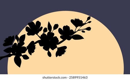 Sakura blossoms silhouetted against a full moon in a serene night landscape illustration