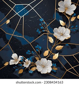 Sakura branch. 3d Japanese style floral marble textured mosaic cobalt blue pattern. Art Deco modern painted vector background. White 3d sakura flowers, gold leaves. Luxury trendy textured ornaments.