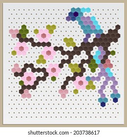 sakura branch with a bird on it laid out elements of a mosaic of different colors on a special board for mosaic
