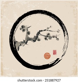 Sakura branch in black enso circle. Seasonal cherry blossom hand-drawn with ink in traditional Japanese style sumi-e. Vector illustration. 