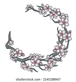 Rama de sakura con flores. Planta oriental con elementos pétalos y brotes para el diseño de bodas y primavera