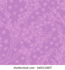 Sakura branch with flowers line art vector seamless pattern on violet background. Spring repeated background with japanese cherry branch and flowers in outline. Romantic spring background.