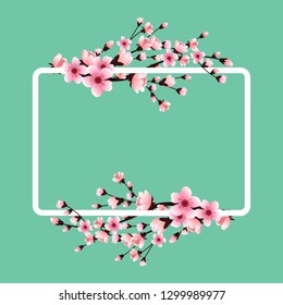 Sakura branch with flowers on white frame, blue background, vector illustration.