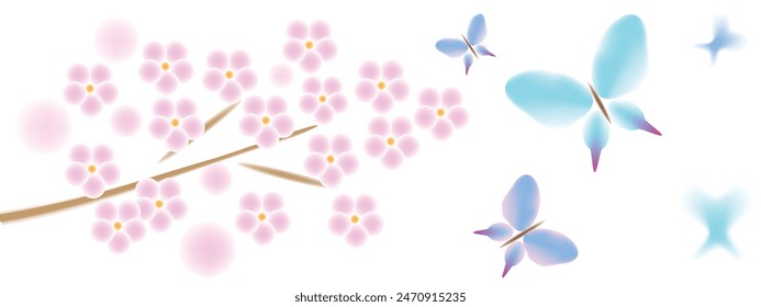 sakura branch and flying butterflies in the style of blurred spots