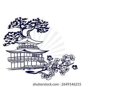 Sakura branch, Japanese pine and house. Silhouettes of traditional symbols in graphic black and white style. Hand drawn vector illustration. Postcards, invitations, banners, posters, booklets.