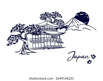 Sakura branch, Japanese pine, house, mountain, sun. Silhouettes of traditional symbols in graphic style. Hand drawn vector illustration. For tourist postcards, invitations, banners, posters, booklets.