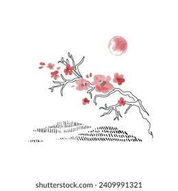 Sakura branch line art, watercolor flowers on mountains background. Single line with watercolor grunge texture. Hand drawn cherry blossom vector illustration for travel poster, tourism card, wallpaper