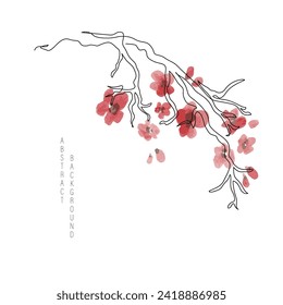 Arte de la línea de ramas de Sakura, flores acuarelas aisladas en fondo blanco. Una sola línea con textura acuarela. Dibujo manual de la floración del cerezo ilustración vectorial para afiches de viaje, tarjeta de turismo, papel tapiz