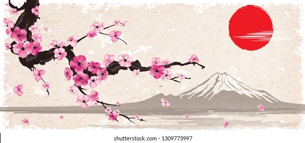 Sakura branch on the background of Mount Fuji