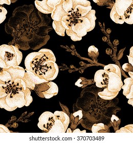 Sakura branch on a black background. Vector seamless pattern. Floral design in Vintage style. Beautiful flowers of Oriental cherry tree gold foil printing.