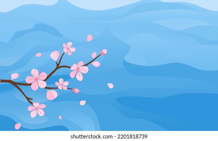 Sakura branch on blue paint background vector illustration.