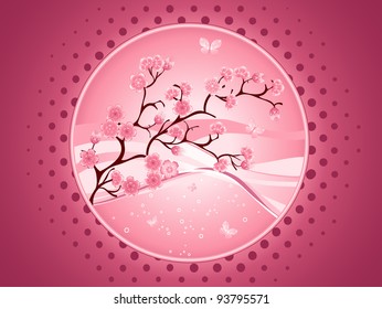 Sakura branch, on circle, dark red background