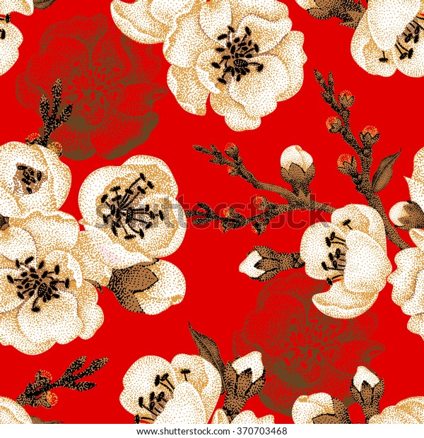 赤い背景にサクラの枝 ベクターシームレスなパターン 花柄の東洋風 ビンテージ 黒い白い赤 東洋の桜の木の金箔が印刷された美しい花 オリエンタルの桜の木 のベクター画像素材 ロイヤリティフリー