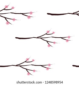 
Sakura branch on a white background, seamless pattern in oriental minimalist style