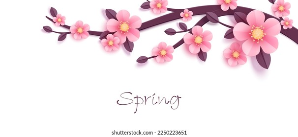 Sakura branch on white background. Pink flowers. Paper art style. Cherry blossoms. Spring art vector illustration.