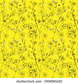 Sakura branch on a yellow background, vector illustrations for delicate patterns on textiles.