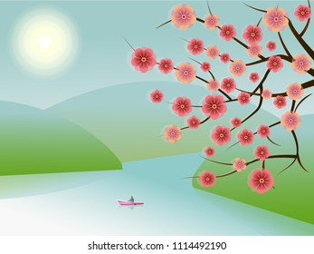 Sakura branch. A river landscape with a boat.Vector illustration.