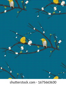 Sakura branch, spring bloom, sunbirds enjoying. Colorful, cute spring/summer seasonal pattern design for textile/fabric/surface print
