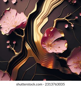 Sakura branches. 3d Japanese style floral textured pattern. Art Deco modern painted vector background. Pink and gold 3d blossom sakura flowers, leaves. Luxury trendy inlaid ornaments witch sakura.