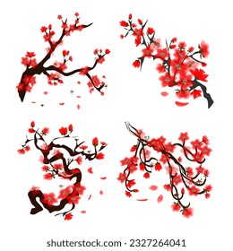 Sakura mit Ästen und Krone, wilder Kirschbaum.
Japanisches traditionelles Farbbild
 Sumi e, u shun, go hua,
Abstrakt SSTK,
Vektorgrafik.