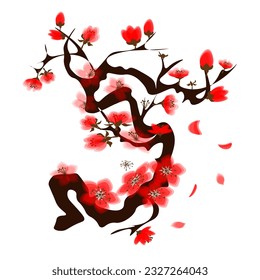 Sakura with branches and crown, wild cherry tree.
Japanese traditional ink painting
 Oriental style sumi e, u shun, go hua,
SSTK abstract,
vector illustration.