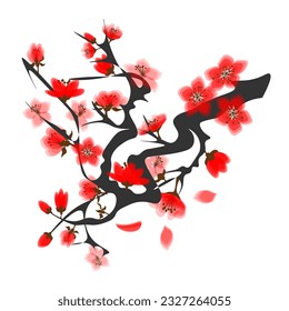 Sakura with branches and crown, wild cherry tree.
Japanese traditional ink painting
 Oriental style sumi e, u shun, go hua,
SSTK abstract,
vector illustration.