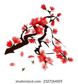 Sakura with branches and crown, wild cherry tree.
Japanese traditional ink painting
 Oriental style sumi e, u shun, go hua,
SSTK abstract,
vector illustration.