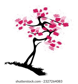 Sakura with branches and crown, wild cherry tree.
Japanese traditional ink painting
 Oriental style sumi e, u shun, go hua,
SSTK abstract,
vector illustration.
