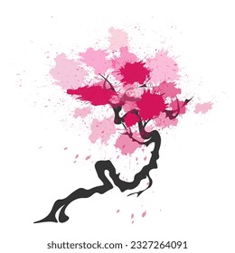 Sakura with branches and crown, wild cherry tree.
Japanese traditional ink painting
 Oriental style sumi e, u shun, go hua,
SSTK abstract,
vector illustration.