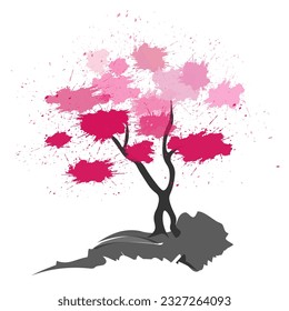Sakura with branches and crown, wild cherry tree.
Japanese traditional ink painting
 Oriental style sumi e, u shun, go hua,
SSTK abstract,
vector illustration.