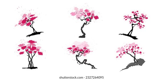 Sakura con ramas y corona, cerezo silvestre.
Pintura tradicional de tinta japonesa
 estilo oriental sumi e, u shun, go hua,
abstracto de SSTK,
ilustración vectorial.