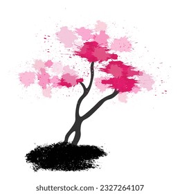 Sakura with branches and crown, wild cherry tree.
Japanese traditional ink painting
 Oriental style sumi e, u shun, go hua,
SSTK abstract,
vector illustration.