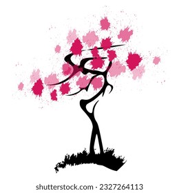 Sakura with branches and crown, wild cherry tree.
Japanese traditional ink painting
 Oriental style sumi e, u shun, go hua,
SSTK abstract,
vector illustration.