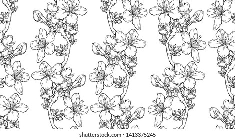 Sakura branches hand drawn seamless pattern in vintage style Black and White botanical graphic for paper, textile, wrapping decoration, scrap-booking, t-shirt, cards. 