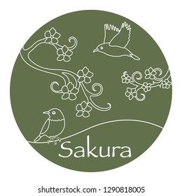 Sakura branches and japanese birds. Japan traditional design elements. Branches of cherry blossoms. Travel and leisure.