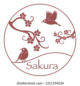 Sakura branches and japanese birds. Japan traditional design elements. Branches of cherry blossoms. Travel and leisure.
