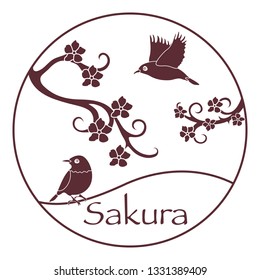 Sakura branches and japanese birds. Japan traditional design elements. Branches of cherry blossoms. Travel and leisure.