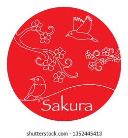 Sakura branches and japanese birds. Japan traditional design elements. Branches of cherry blossoms. Travel and leisure.