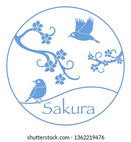 Sakura branches and japanese birds. Japan traditional design elements. Branches of cherry blossoms. Travel and leisure.