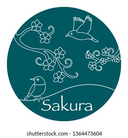 Sakura branches and japanese birds. Japan traditional design elements. Branches of cherry blossoms. Travel and leisure.
