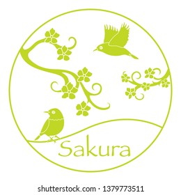 Sakura branches and japanese birds. Japan traditional design elements. Branches of cherry blossoms. Travel and leisure.